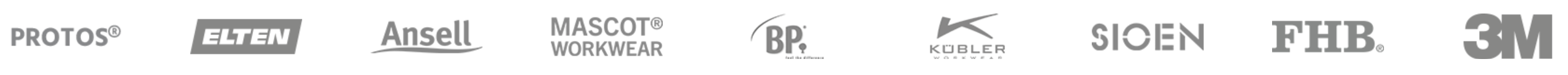 Logos der Marken: Protos | Elten | Ansell | MASCOT WORKWEAR | BP | Kübler | SIOEN | FHB | 3M