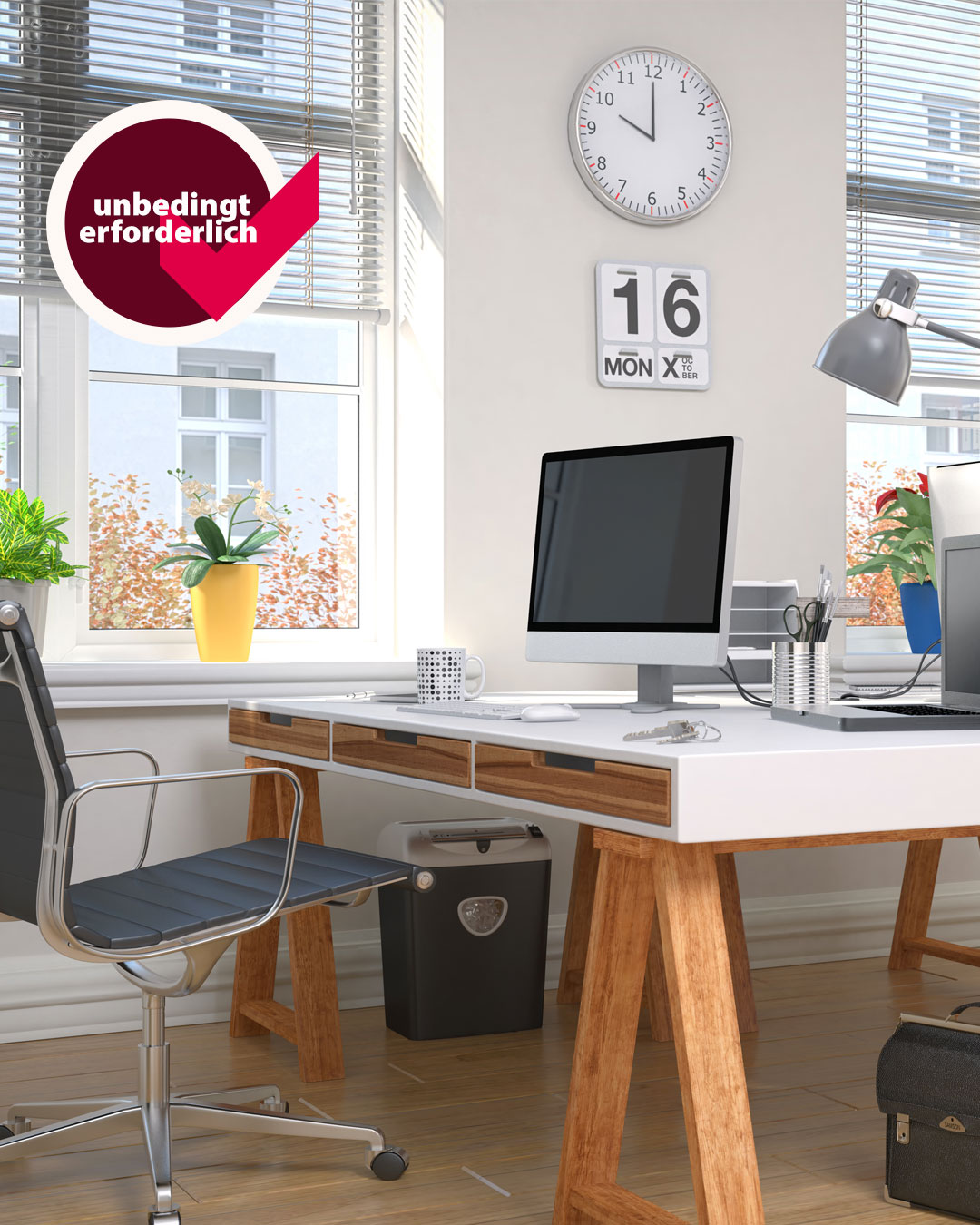© AdobeStock: marog-pixcells Bild zeigt ein Büro und das Signet Unbedingt erforderlich © AdobeStock: marog-pixcells