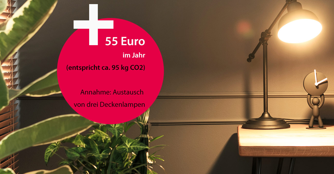 + 55 Euro im Jahr (entspricht ca. 95 kg CO2) Annahme, Austausch von drei Deckenlampen © AdobeStock: Photographee.eu